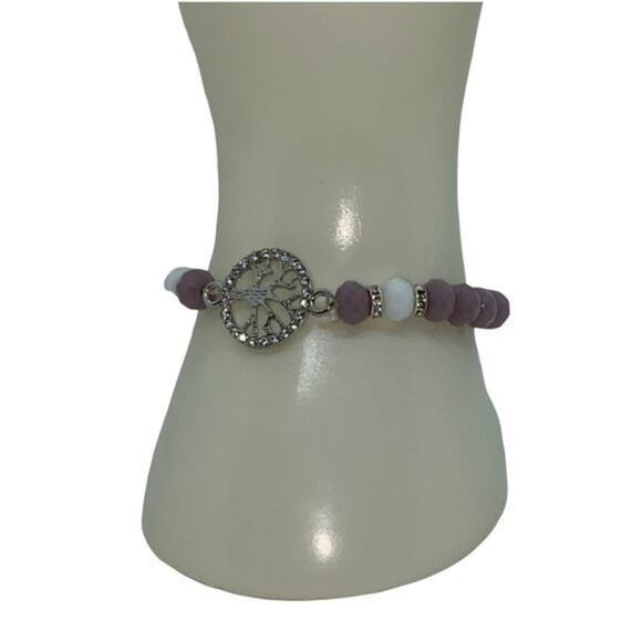 Purple White Beaded Silver-Tone Tree of Life Pendant Rhinestone Stretch Bracelet - Picture 1 of 9